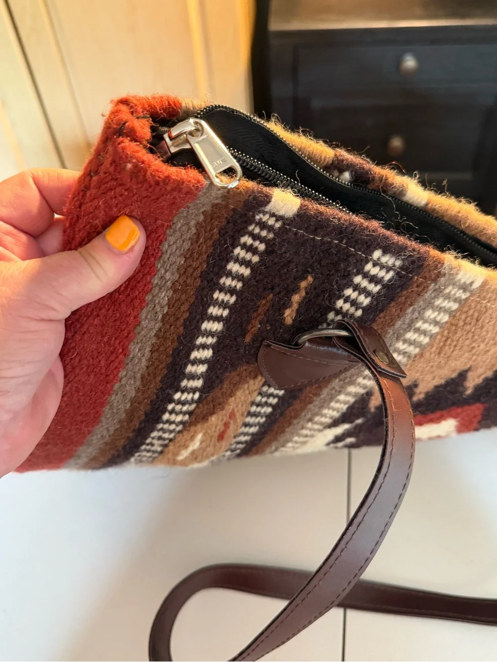 Southwestern Tote Bag in Brown and Red - 90% wool, made in India